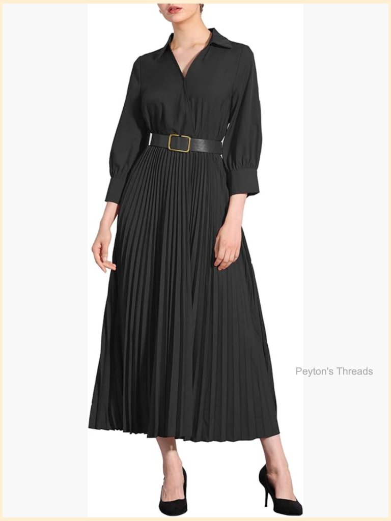 Dressy Casual Pleated Maxi Dress With Collar V Neck & Belt